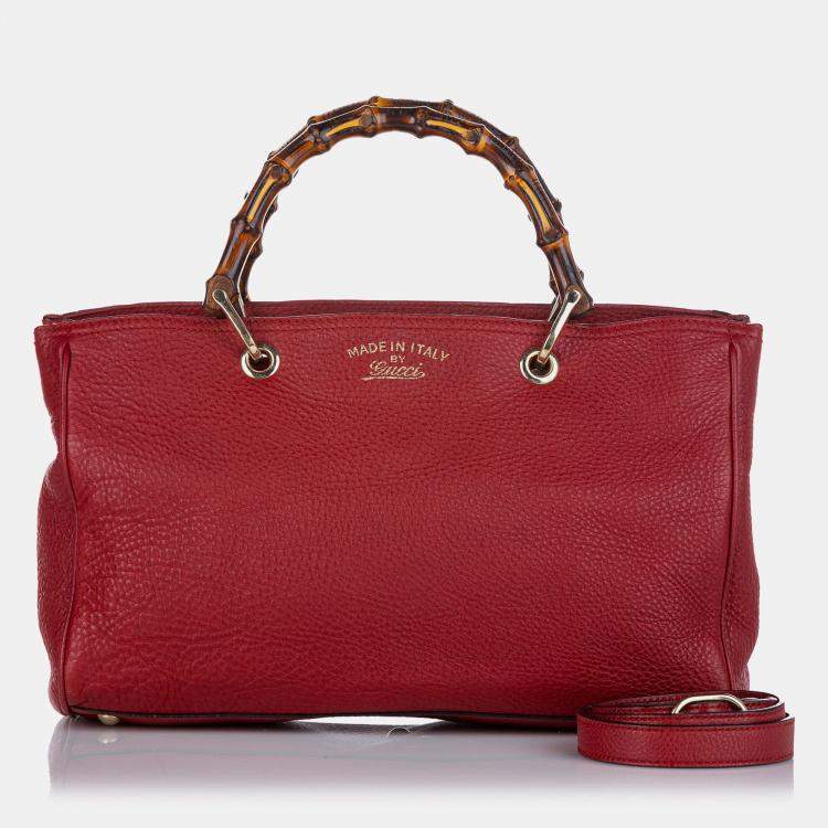 Pre Owned Gucci Red Medium Calfskin Bamboo Shopper Satchel