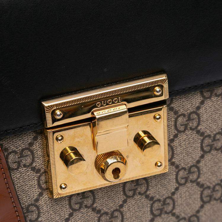 Pre Owned Gucci Beige Brown Small GG Supreme Padlock Satchel