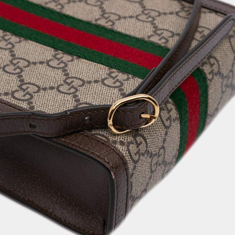 Pre Owned Gucci Beige Brown Mini GG Supreme Ophidia Web Satchel