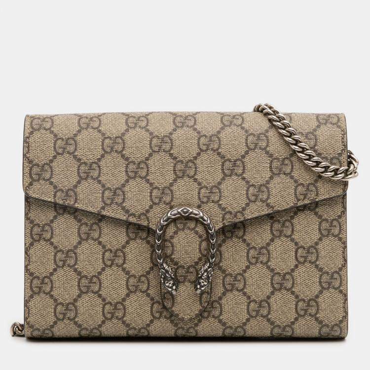 Pre Owned Gucci Beige Brown GG Supreme Dionysus Chain Wallet
