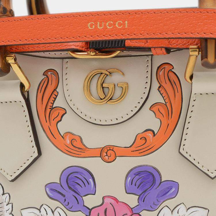 Pre Owned Gucci Ivory Floral Leather Diana Bamboo Mini Shoulder Bag