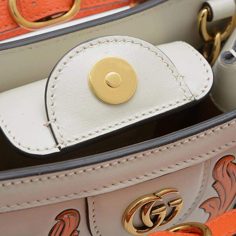 Pre Owned Gucci Ivory Floral Leather Diana Bamboo Mini Shoulder Bag
