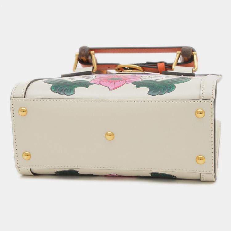 Pre Owned Gucci Ivory Floral Leather Diana Bamboo Mini Shoulder Bag