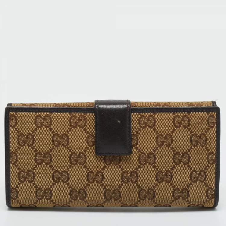 Pre Owned Gucci Beige/Brown GG Canvas and Leather Metal Flap Continental Wallet