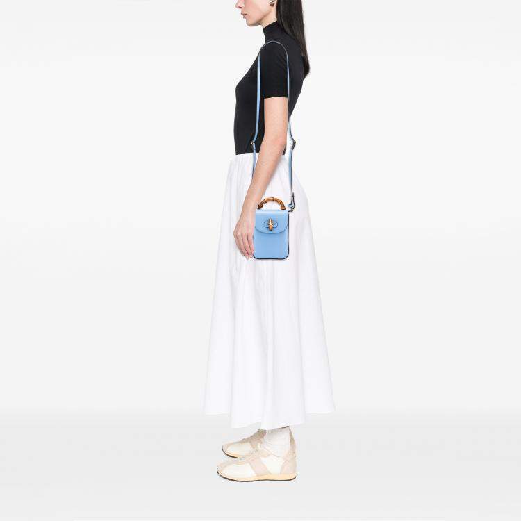 Pre Owned Gucci Blue Mini Calfskin Bamboo Top Handle Bag
