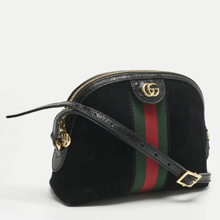Pre Owned Gucci Black Suede and Patent Leather Small Ophidia Dome Crossbody Bag