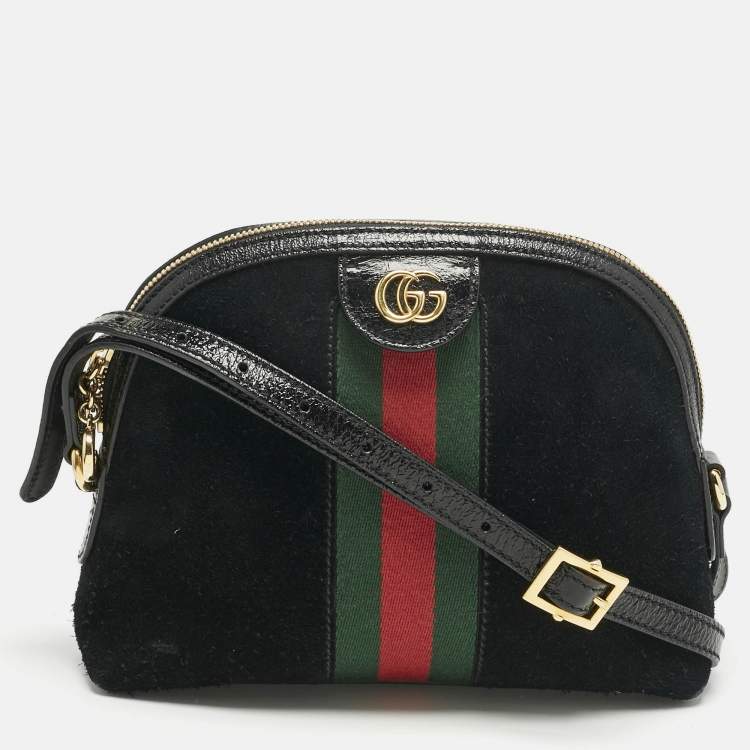 Pre Owned Gucci Black Suede and Patent Leather Small Ophidia Dome Crossbody Bag