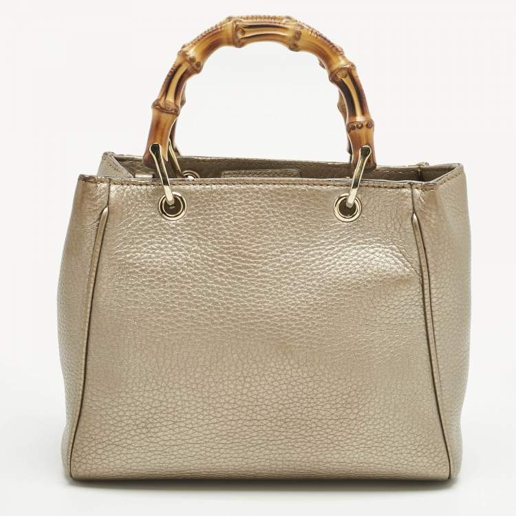 Pre Owned Gucci Metallic Gold Leather Mini Bamboo Tote