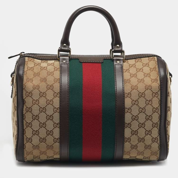 Pre Owned Gucci Beige/Brown GG Canvas and Leather Medium Vintage Web Boston Bag