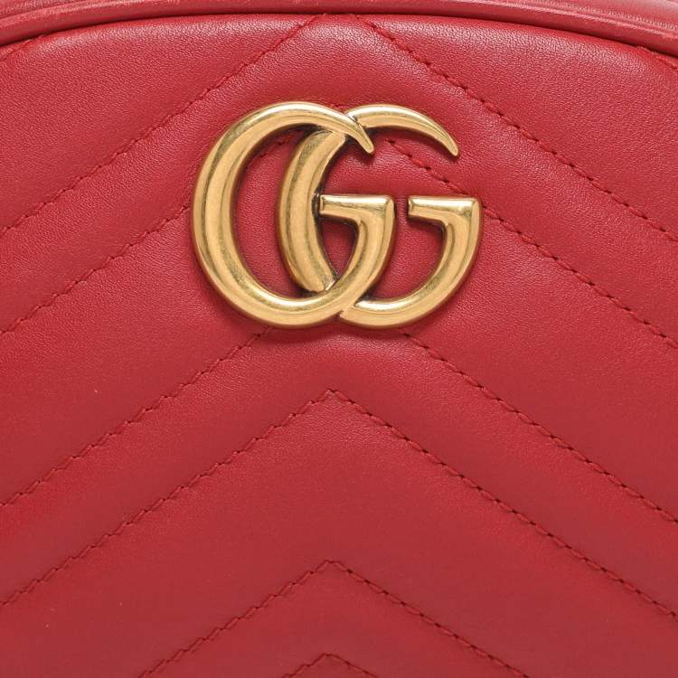 Pre Owned Gucci Red Matelassé Leather GG Marmont Belt Bag