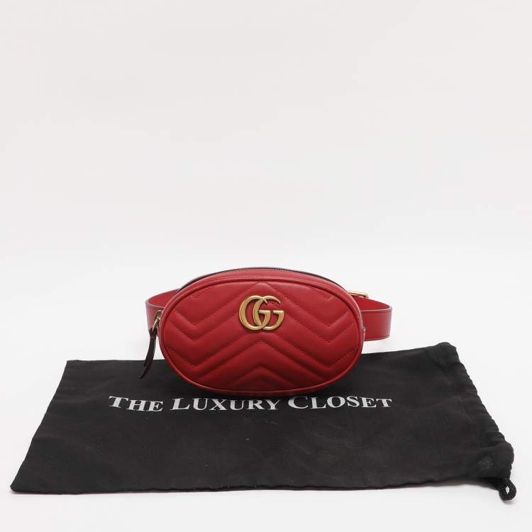 Pre Owned Gucci Red Matelassé Leather GG Marmont Belt Bag