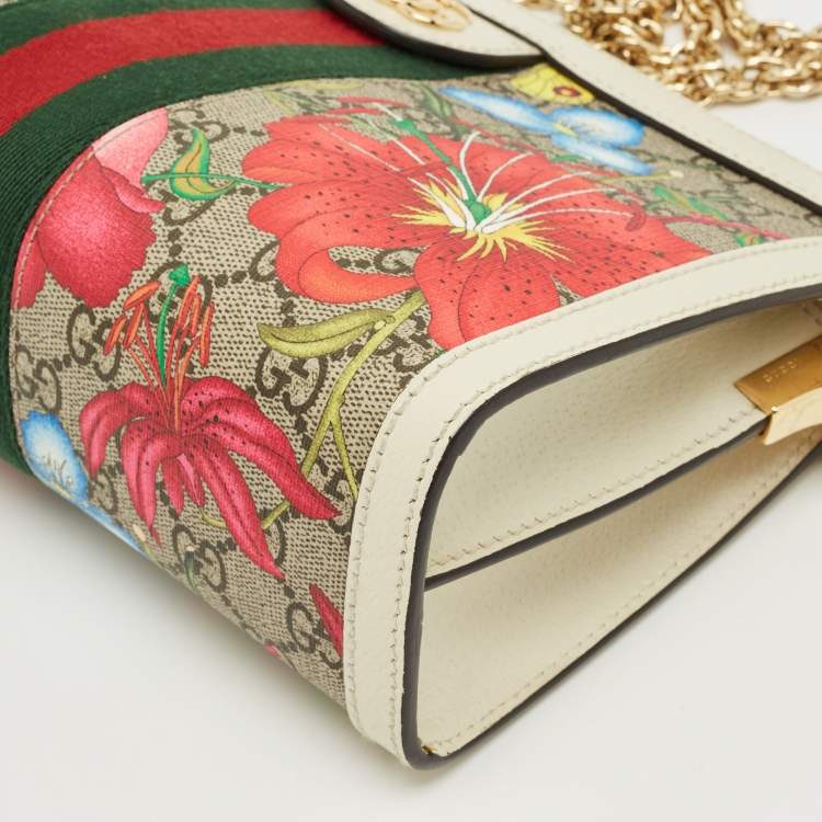 Pre Owned Gucci White/Multicolor GG Supreme Canvas Flora Ophidia Small Chain Shoulder Bag