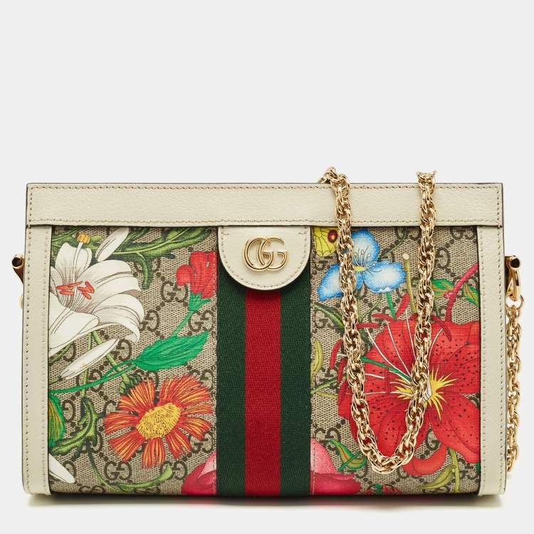 Pre Owned Gucci White/Multicolor GG Supreme Canvas Flora Ophidia Small Chain Shoulder Bag