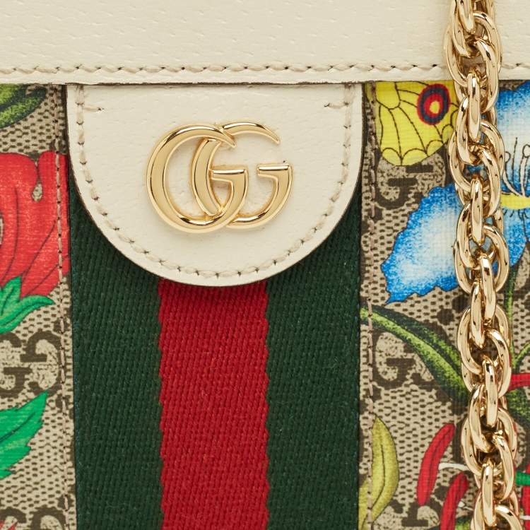 Pre Owned Gucci White/Multicolor GG Supreme Canvas Flora Ophidia Small Chain Shoulder Bag
