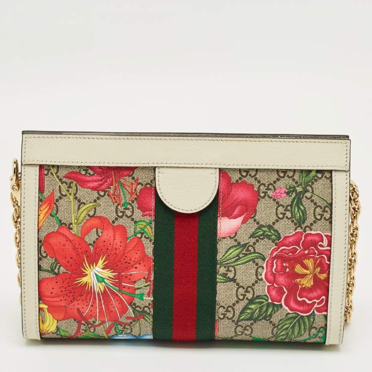 Pre Owned Gucci White/Multicolor GG Supreme Canvas Flora Ophidia Small Chain Shoulder Bag