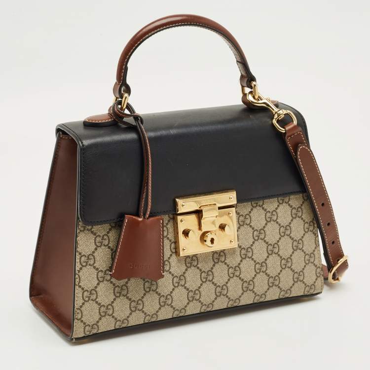 Pre Owned Gucci Tricolor GG Supreme Canvas and Leather Small Padlock Top Handle Bag