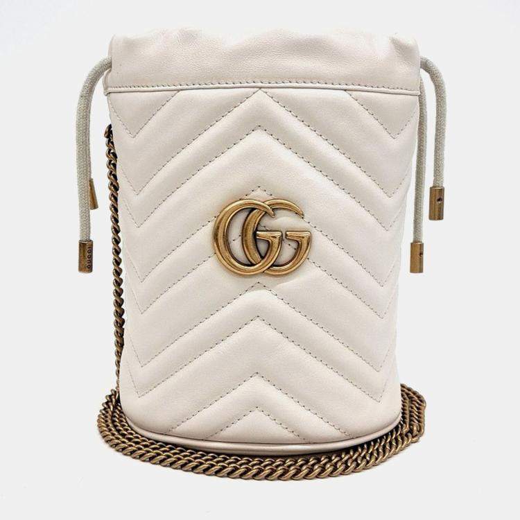 Pre Owned Gucci White Leather GG Marmont Mini Bucket Bag