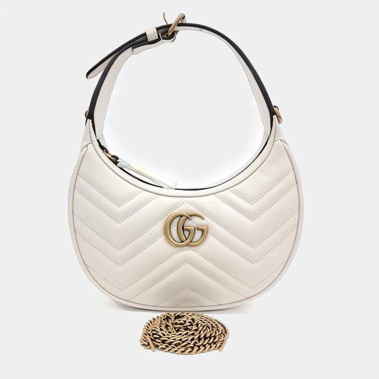 Pre Owned Gucci White Leather Marmont Half Moon Mini Shoulder Bag