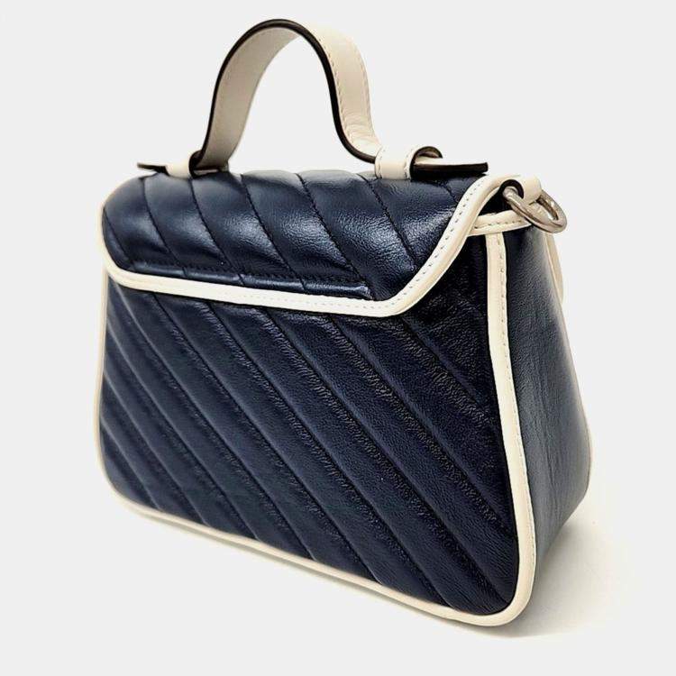 Pre Owned Gucci Navy Blue Leather GG Marmont Mini Top Handle Bag