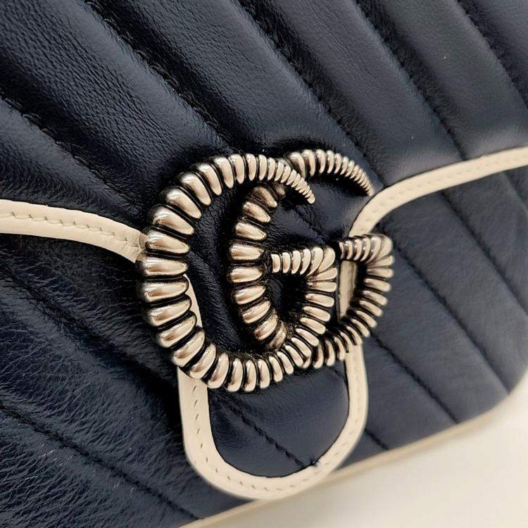 Pre Owned Gucci Navy Blue Leather GG Marmont Mini Top Handle Bag