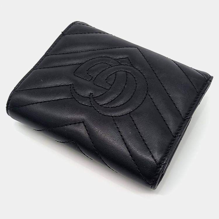 Pre Owned Gucci Black Leather Marmont Chevron Medium Wallet