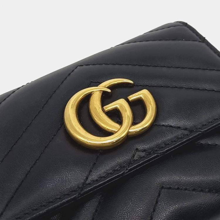 Pre Owned Gucci Black Leather Marmont Chevron Medium Wallet