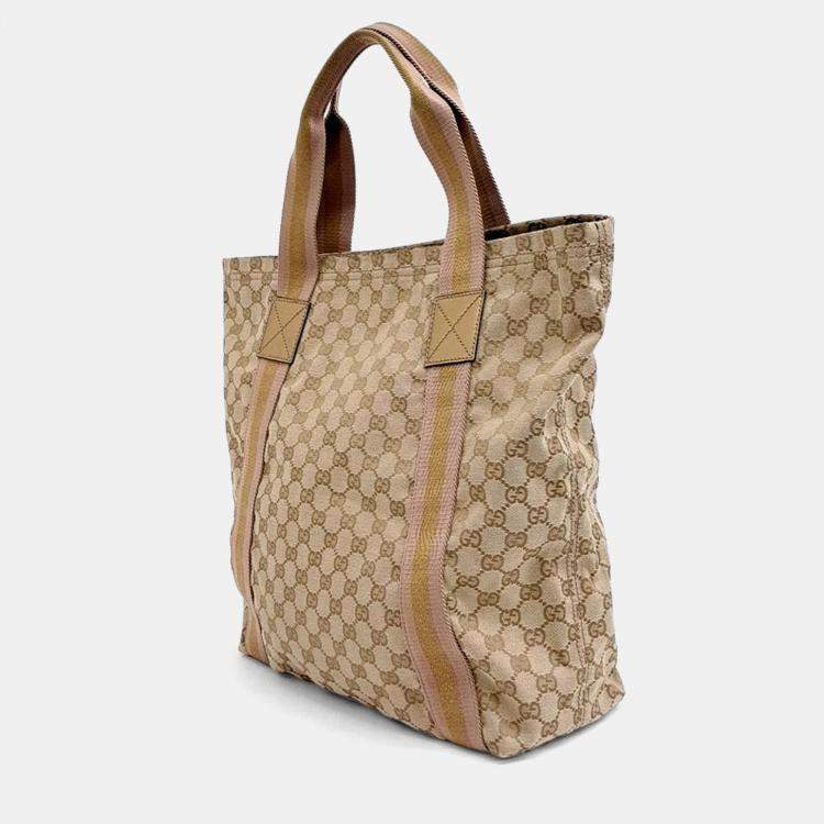 Pre Owned Gucci Beige Canvas Jacquard Tricolor Tote Bag