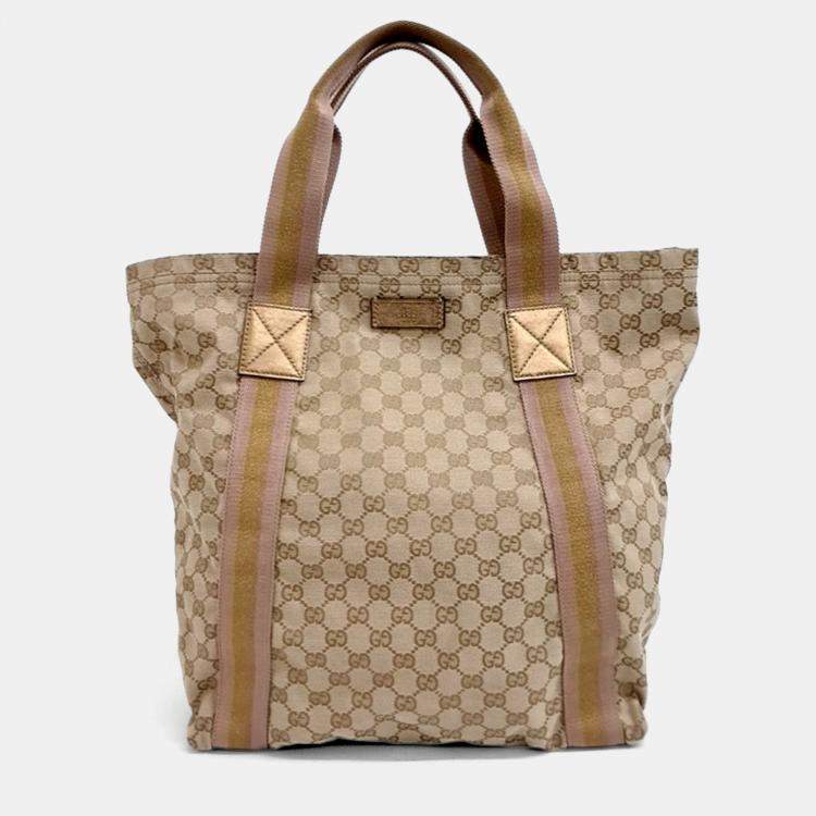 Pre Owned Gucci Beige Canvas Jacquard Tricolor Tote Bag