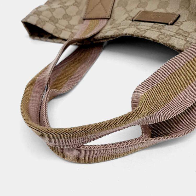 Pre Owned Gucci Beige Canvas Jacquard Tricolor Tote Bag