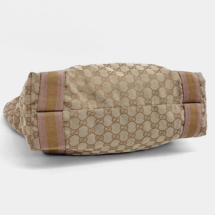 Pre Owned Gucci Beige Canvas Jacquard Tricolor Tote Bag
