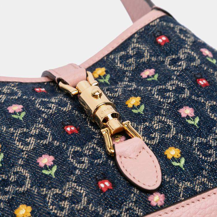 Pre Owned Gucci Beige Blue Limited Edition Mini GG Denim Embroidered Floral Jackie 1961 Crossbody