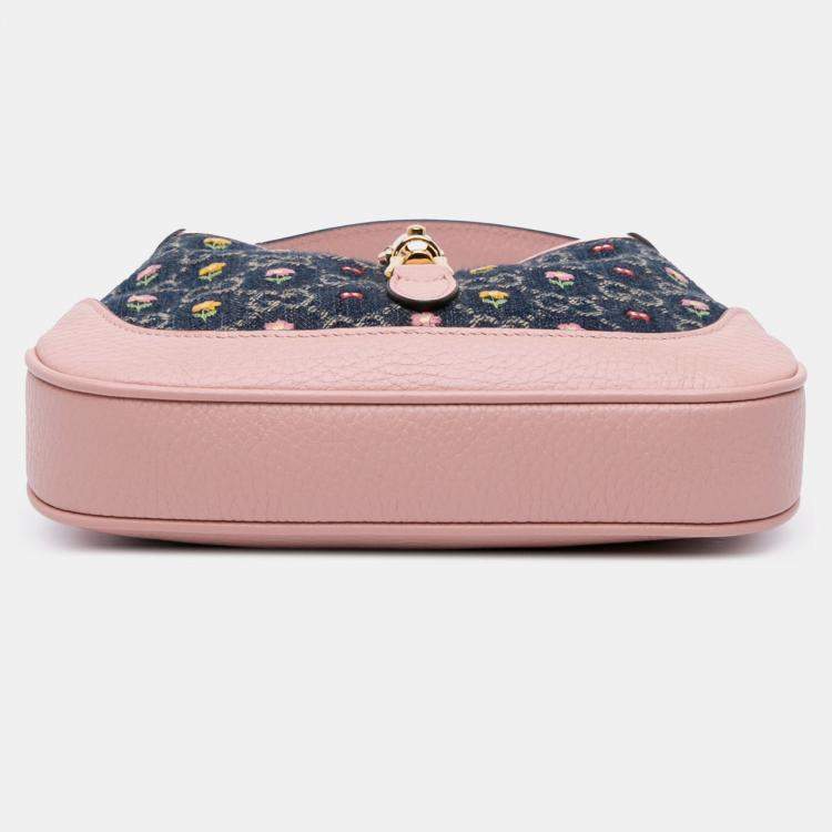 Pre Owned Gucci Beige Blue Limited Edition Mini GG Denim Embroidered Floral Jackie 1961 Crossbody