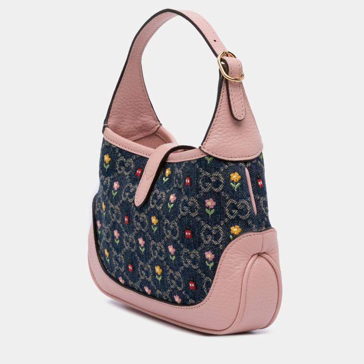 Pre Owned Gucci Beige Blue Limited Edition Mini GG Denim Embroidered Floral Jackie 1961 Crossbody