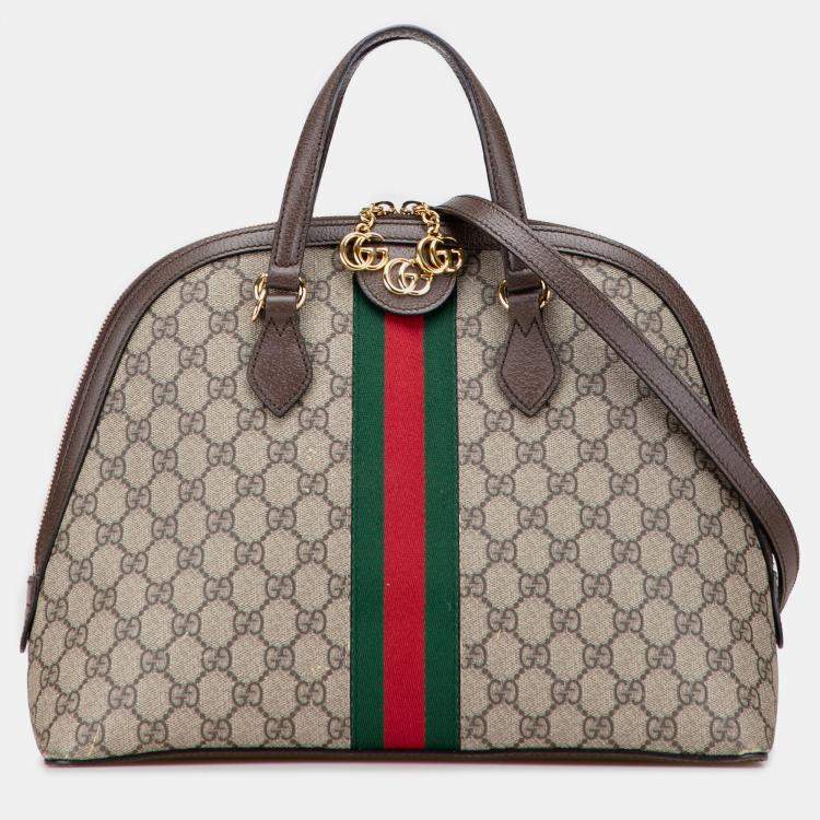 Pre Owned Gucci Beige Brown Medium GG Supreme Ophidia Web Satchel