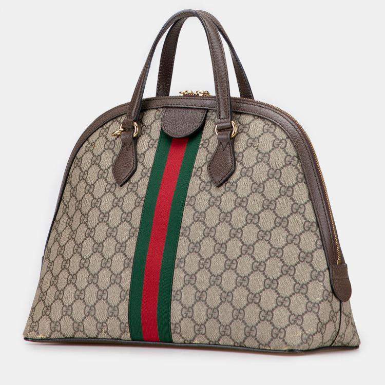 Pre Owned Gucci Beige Brown Medium GG Supreme Ophidia Web Satchel