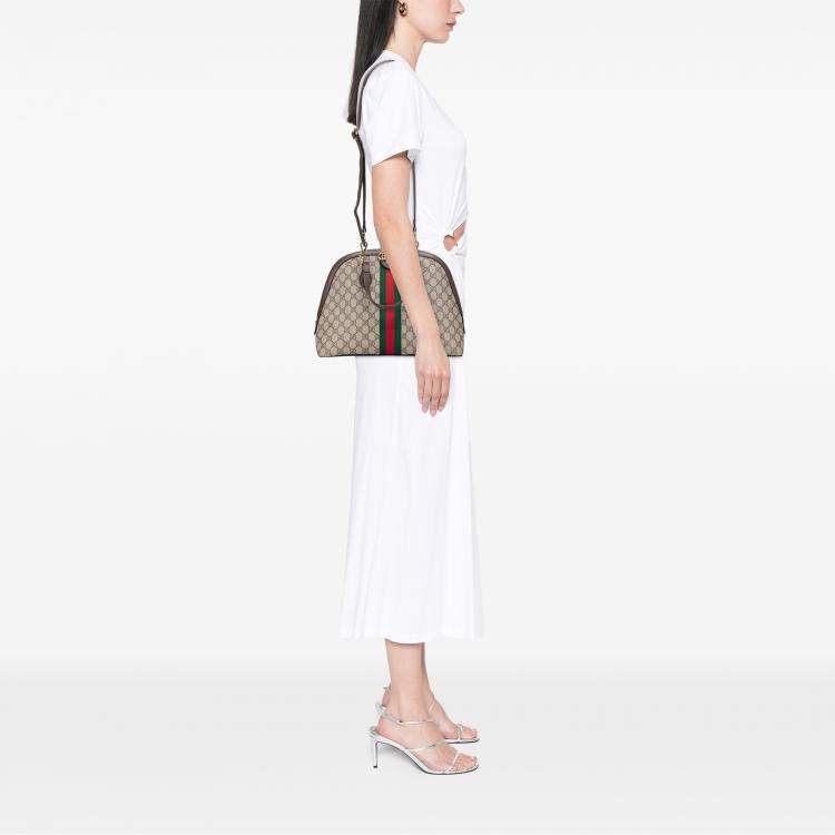 Pre Owned Gucci Beige Brown Medium GG Supreme Ophidia Web Satchel