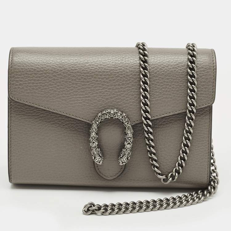 Pre Owned Gucci Grey Leather Mini Crystal Dionysus Shoulder Bag