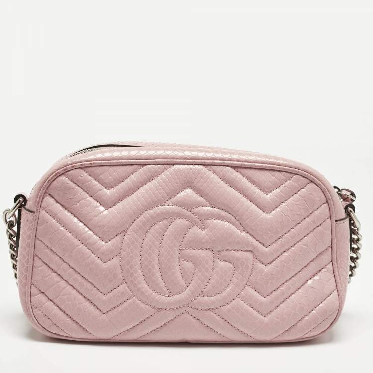 Pre Owned Gucci Pink Snakeskin Small GG Marmont Camera Bag