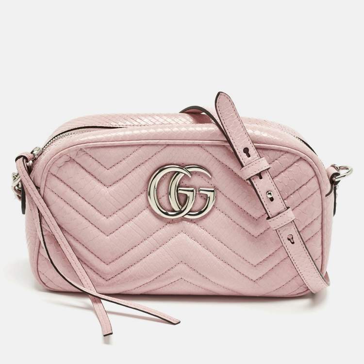 Pre Owned Gucci Pink Snakeskin Small GG Marmont Camera Bag