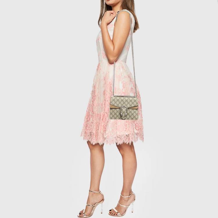 Pre Owned Gucci Beige GG Supreme Canvas and Suede Mini Dionysus Shoulder Bag