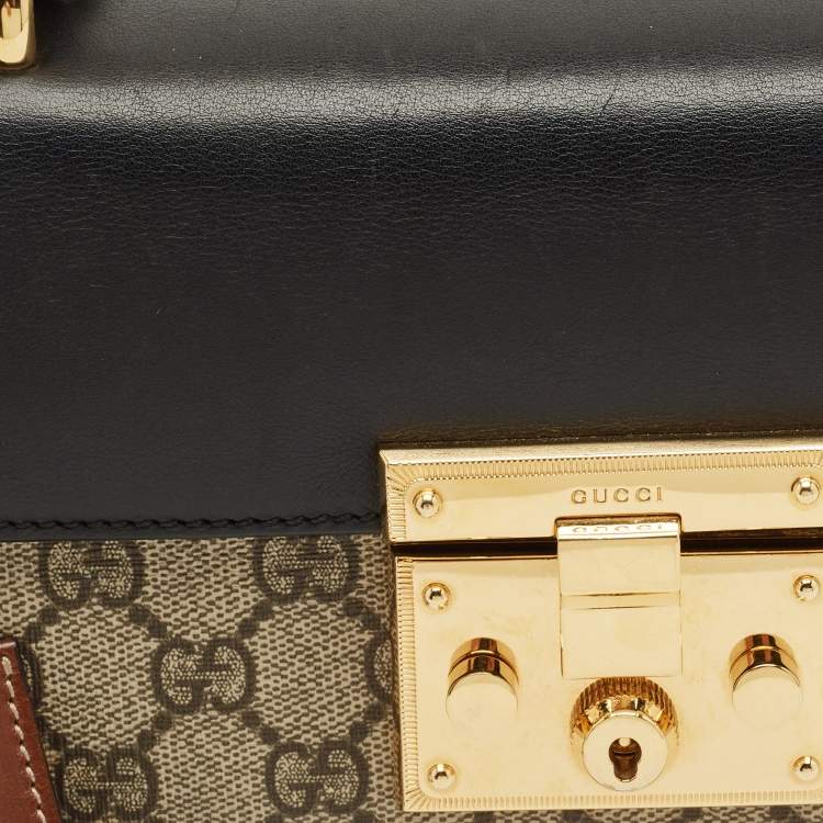 Pre Owned Gucci Black/Brown GG Supreme Canvas and Leather Small Padlock Shoulder Bag
