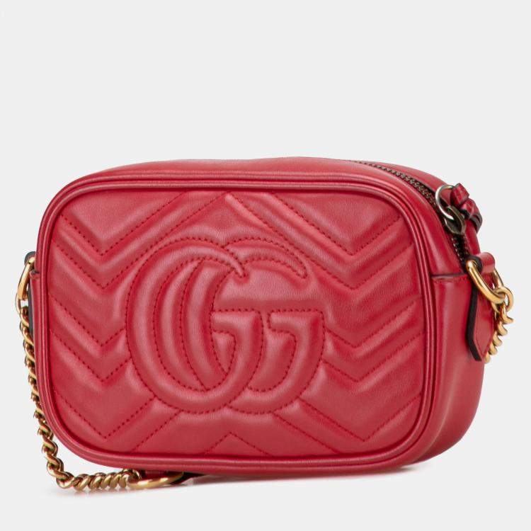 Pre Owned Gucci Red Mini GG Marmont Matelasse Leather Crossbody