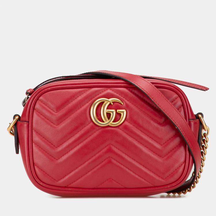 Pre Owned Gucci Red Mini GG Marmont Matelasse Leather Crossbody