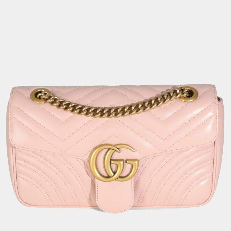 Pre Owned Gucci Pink Calfskin Matelasse Small GG Marmont Shoulder Bag