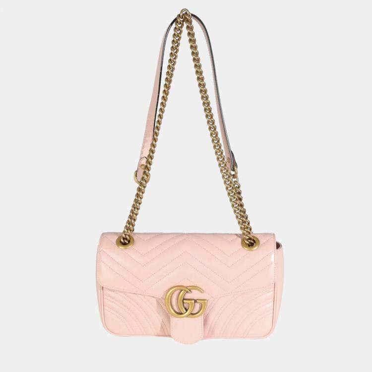 Pre Owned Gucci Pink Calfskin Matelasse Small GG Marmont Shoulder Bag