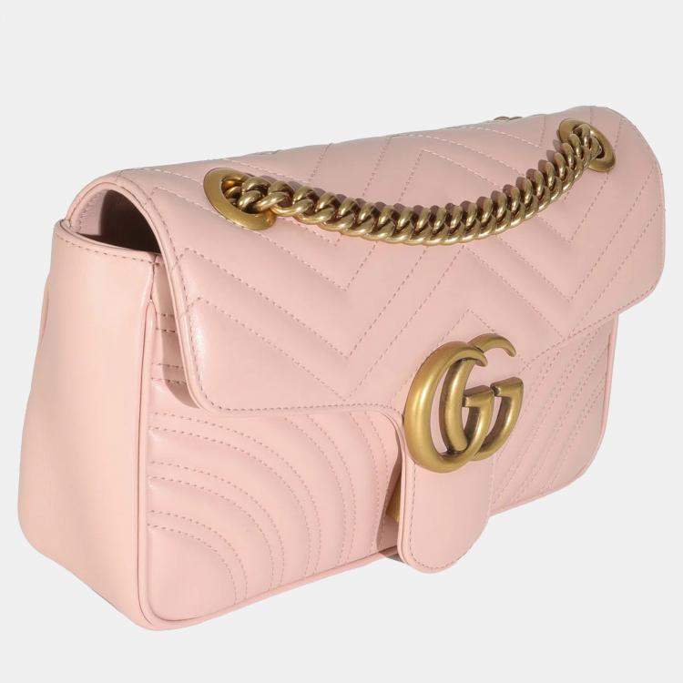 Pre Owned Gucci Pink Calfskin Matelasse Small GG Marmont Shoulder Bag