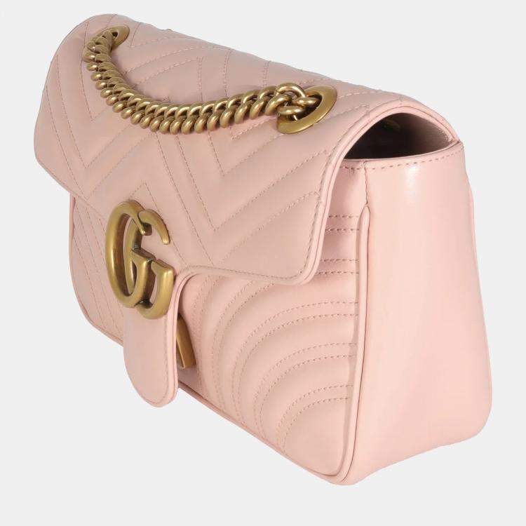 Pre Owned Gucci Pink Calfskin Matelasse Small GG Marmont Shoulder Bag