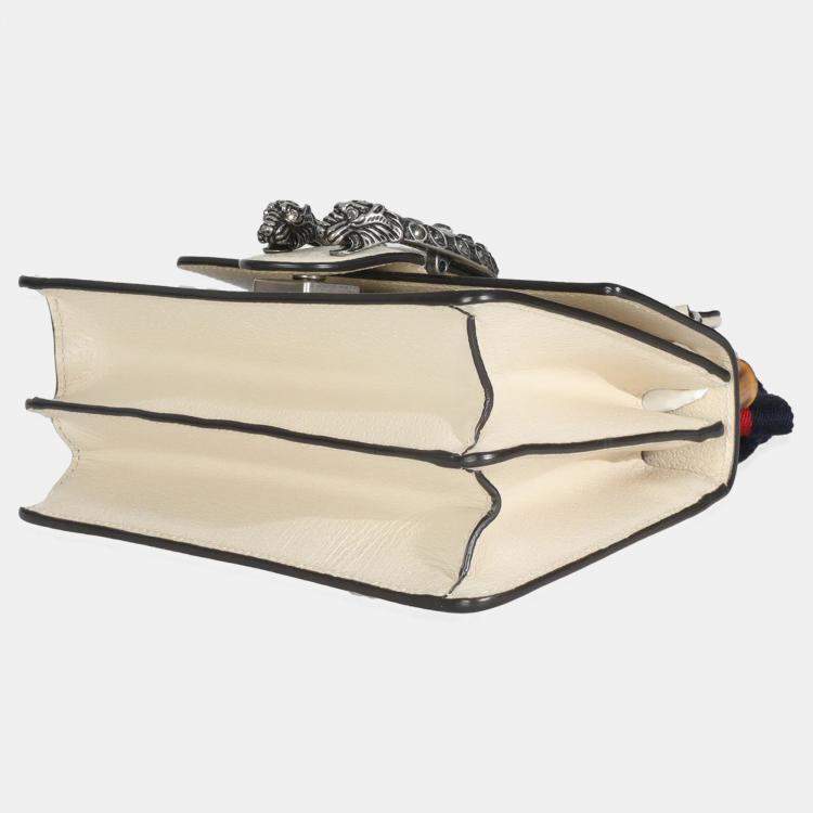 Pre Owned Gucci Mystic White Textured Calfskin Crystal Bamboo Web Mini Dionysus Top Handle