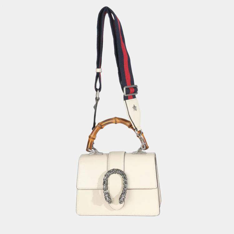 Pre Owned Gucci Mystic White Textured Calfskin Crystal Bamboo Web Mini Dionysus Top Handle