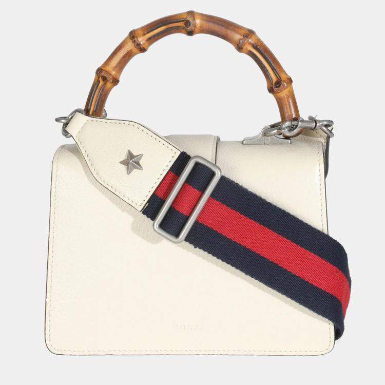 Pre Owned Gucci Mystic White Textured Calfskin Crystal Bamboo Web Mini Dionysus Top Handle